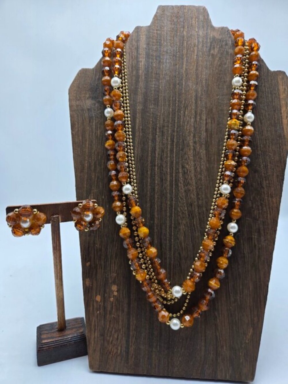 60's Faux Pearl Brown Beaded Jewelry Set Necklace Clip-On Earrings 6 Strand Gold